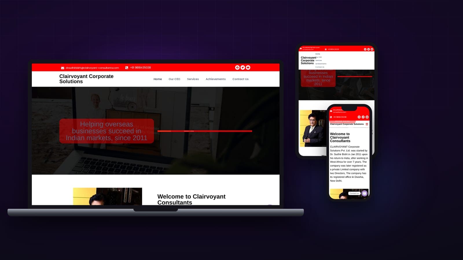 Clairvoyant Consultants website shown on laptop, tablet and phone