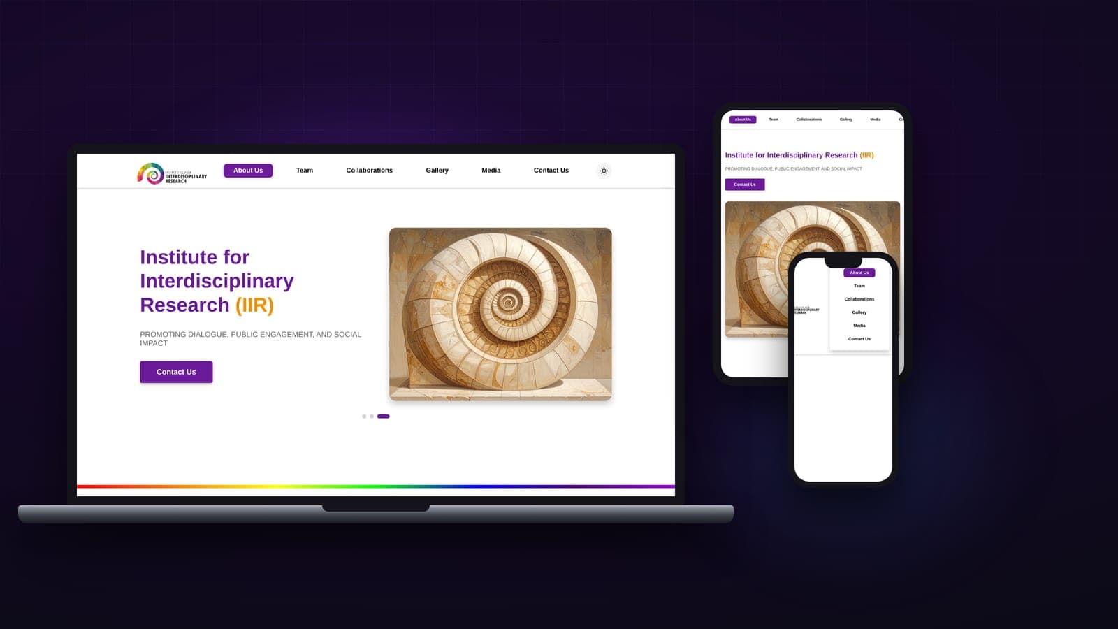 Institute for Interdisciplinary Research website shown on laptop, tablet and phone