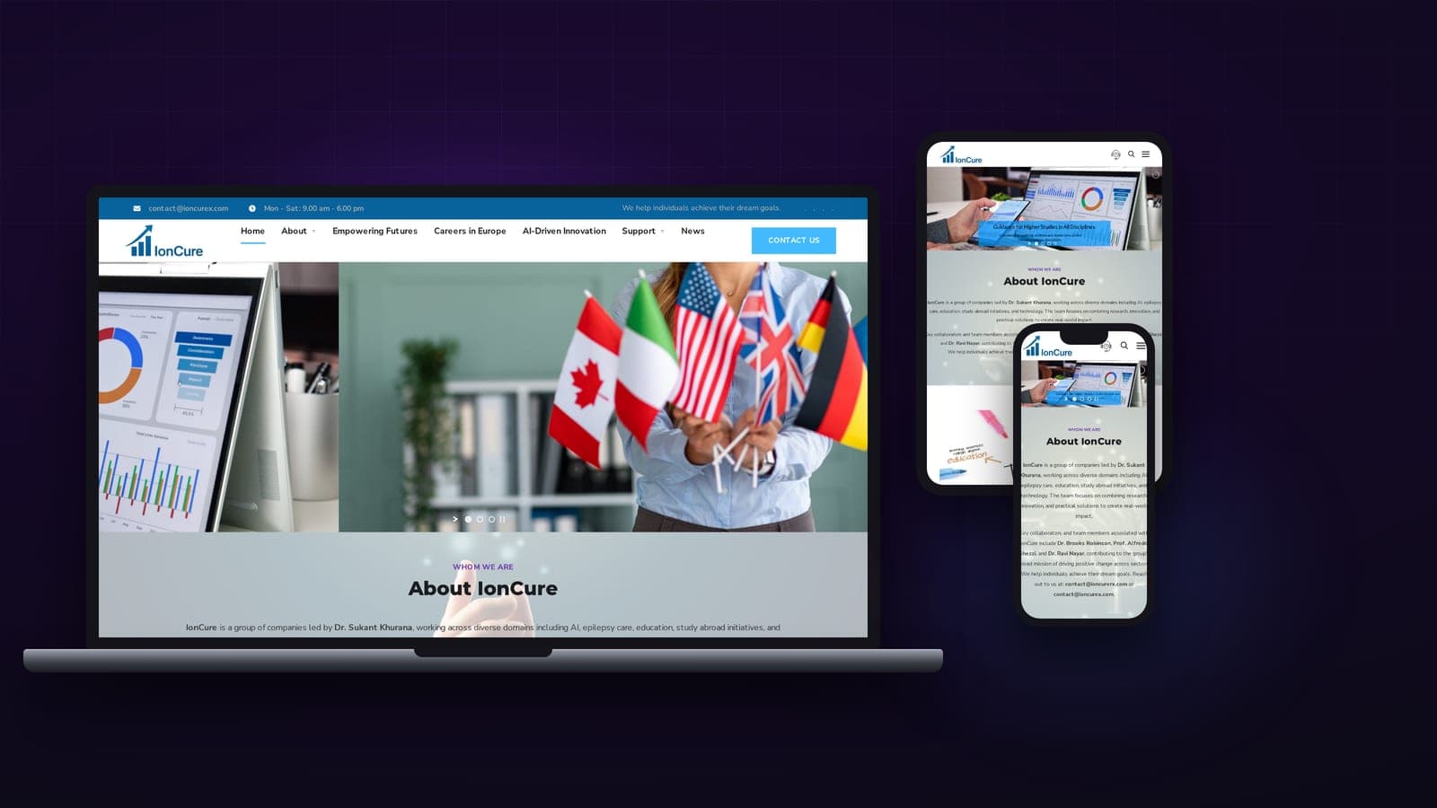 IonCure website shown on laptop, tablet and phone