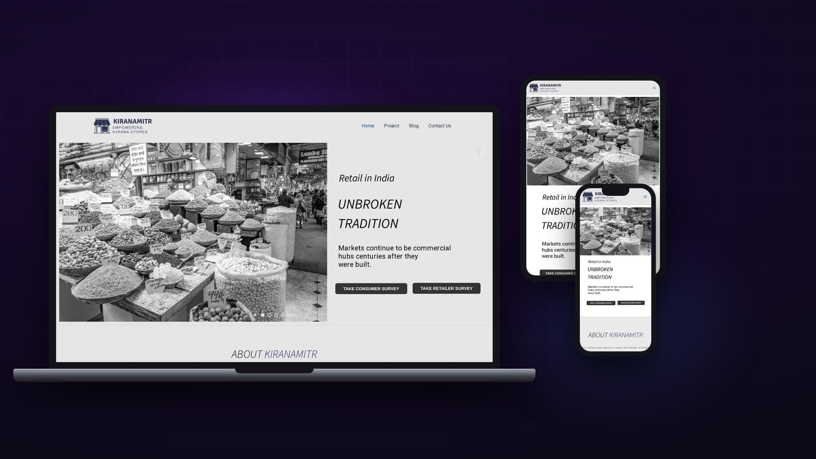 KiranaMitr website shown on laptop, tablet and phone