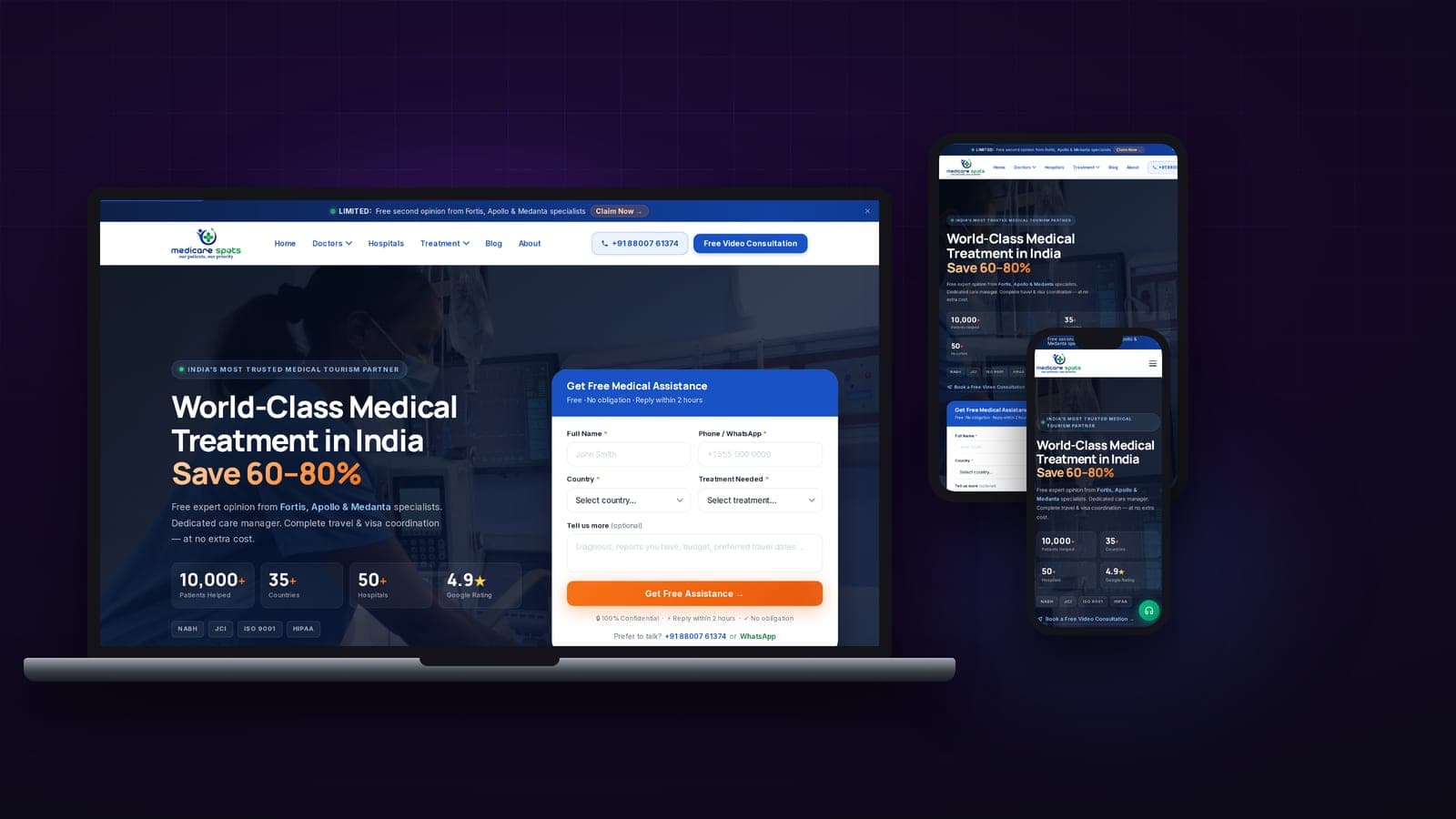 MediCare Spots website shown on laptop, tablet and phone