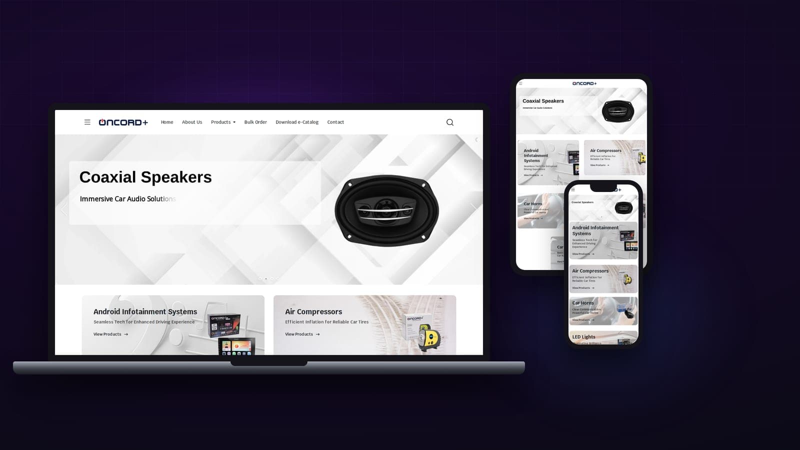 Oncord+ website shown on laptop, tablet and phone